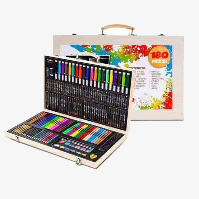 180 Pcs Wooden Box Coloring and Painting Set - Complete Art Kit for Kids & Adults