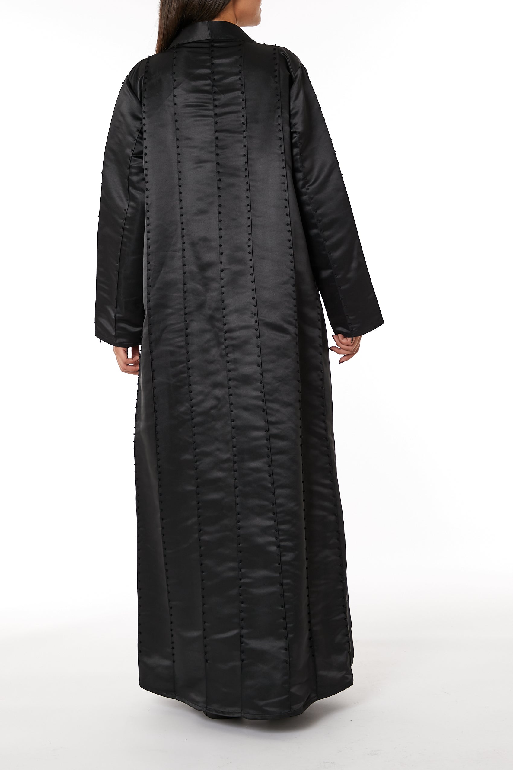 MOiSTREET Black Bridal Satin Abaya with Black Thread Work