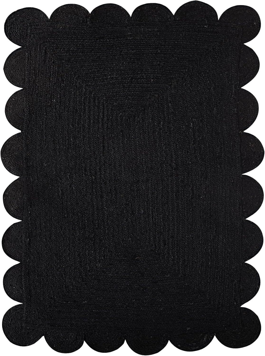 Black Rectangular Jute Rug Scalloped Edge Handwoven Carpet | Modern Boho Floor Rug
