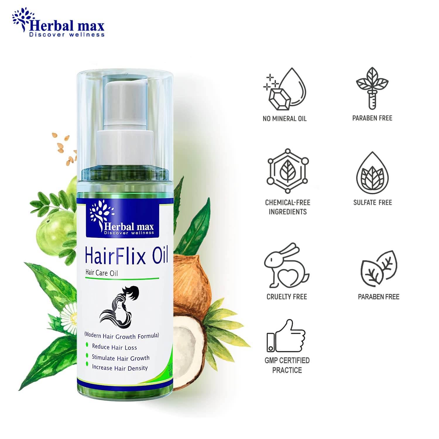 Herbal max Ayurveda Bhringraj Hair Oil For Hair Fall and Hair Growth For Men and Women - SLS, Mineral Oil and Paraben Free - HairFlix Oil (100 ml)