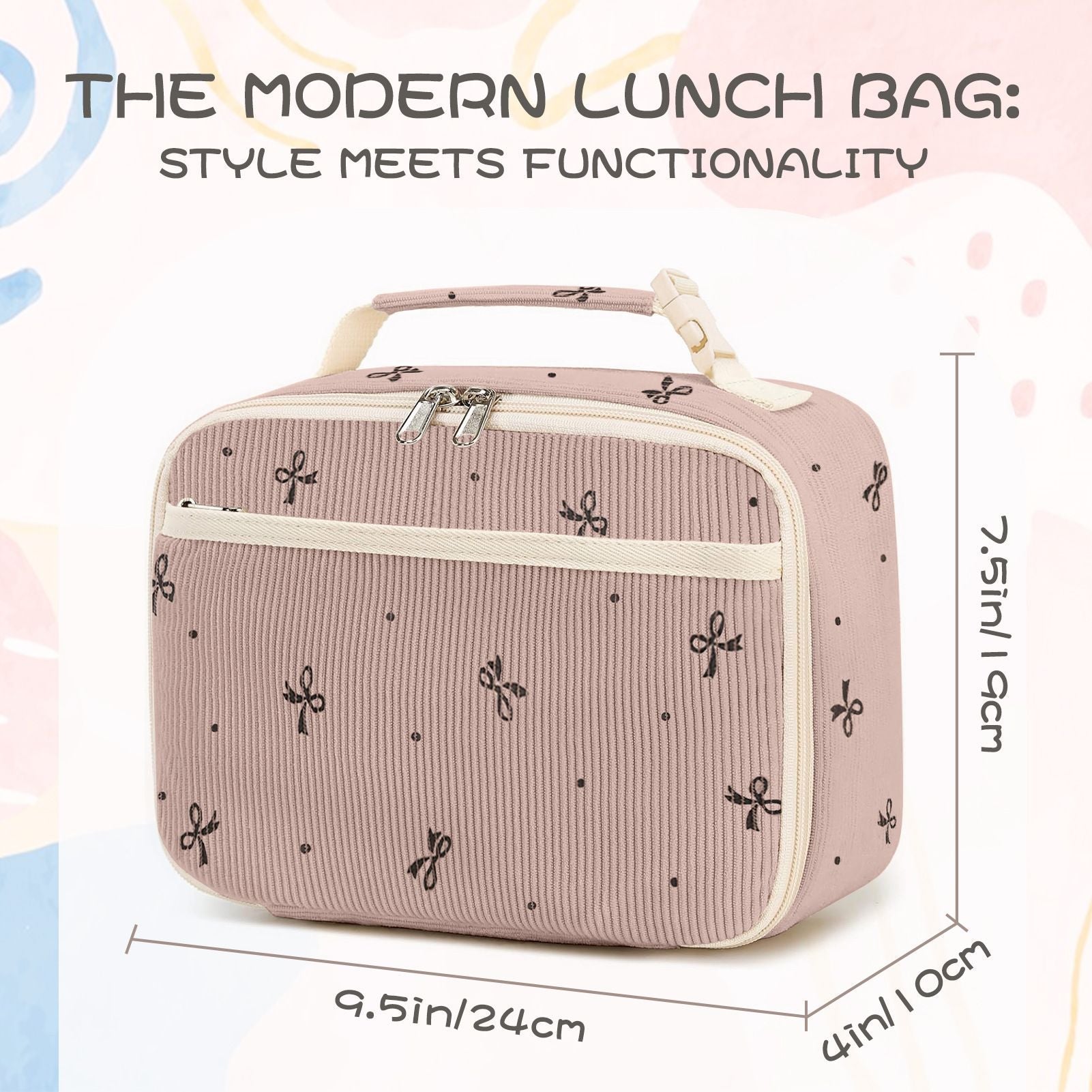 Corduroy Insulated Lunch Bag with Bow Print