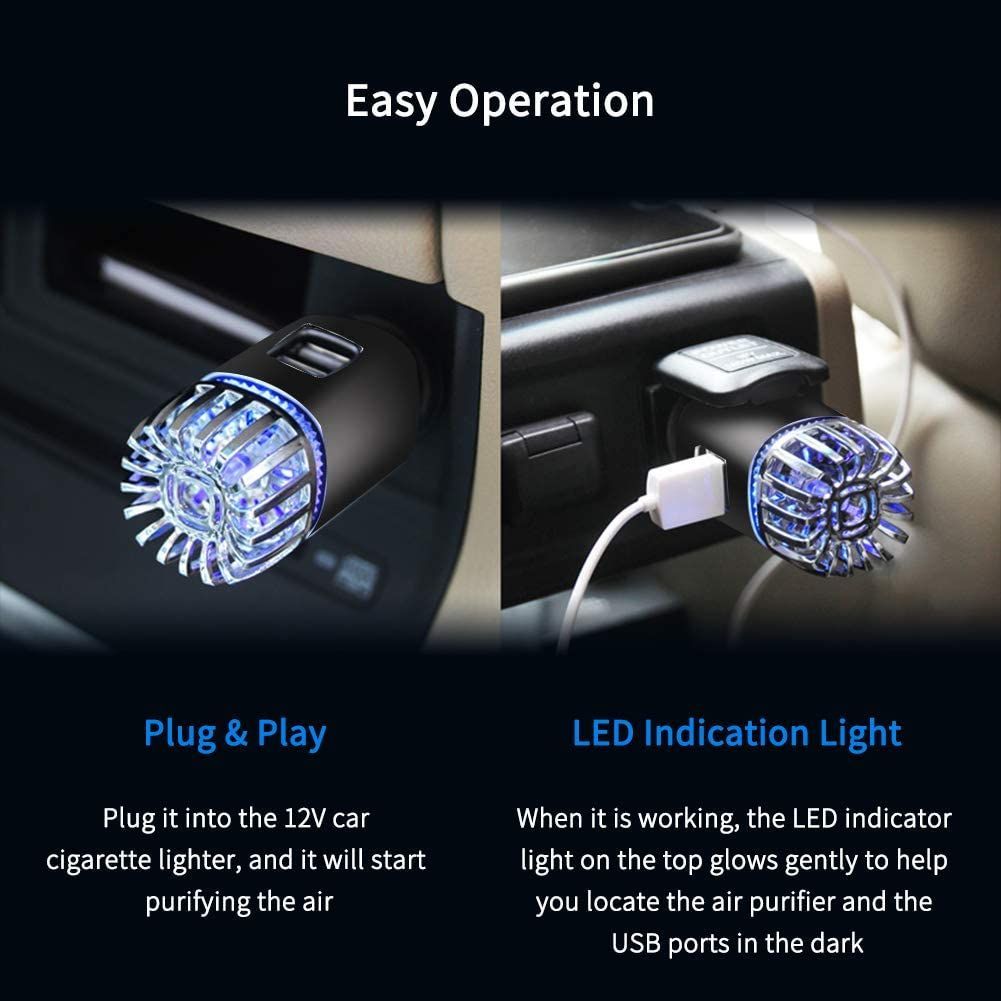 Car Air Purifier Ionizer Anti-Microbial Deodorizer Air Freshener With Dual USB Charger