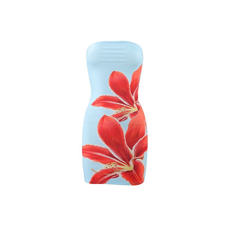 Women Sexy Strapless Floral Print Bodycon Mini Bodycon Dress for Beach Party
