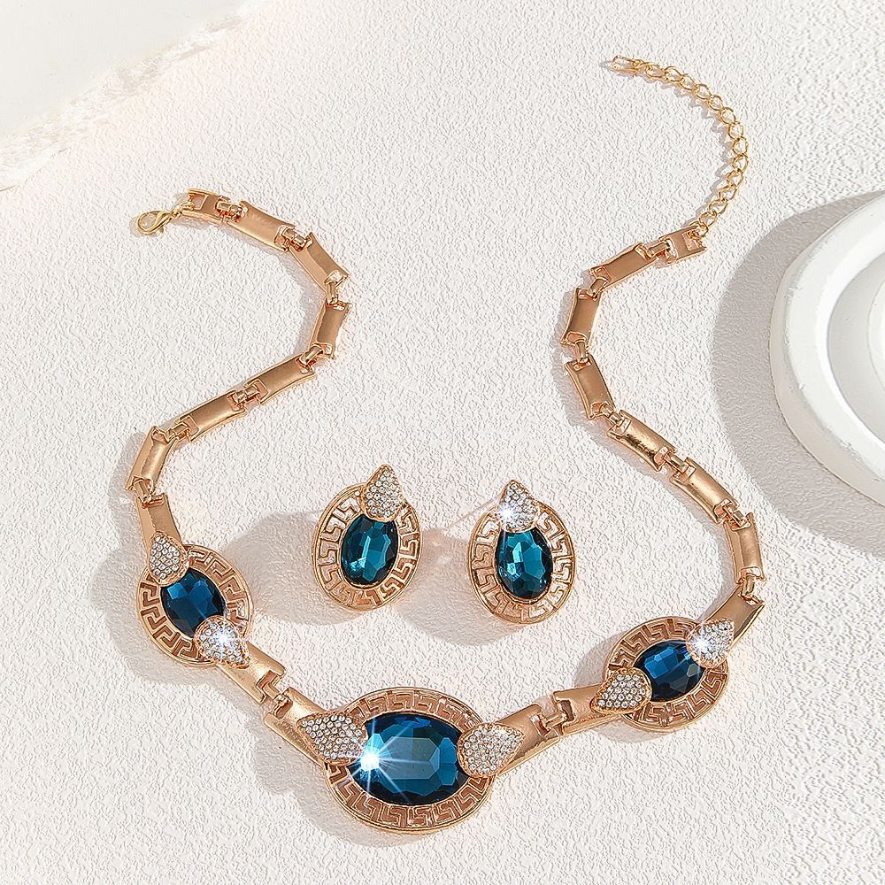 Elegant Blue Crystal Gold-plated Necklace and Earrings Set Women Jewelry