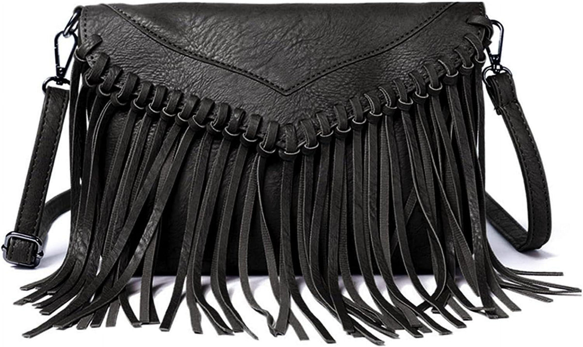 Women Vintage Fringe Crossbody Bag PU Leather Hobo Bag Shoulder Bag
