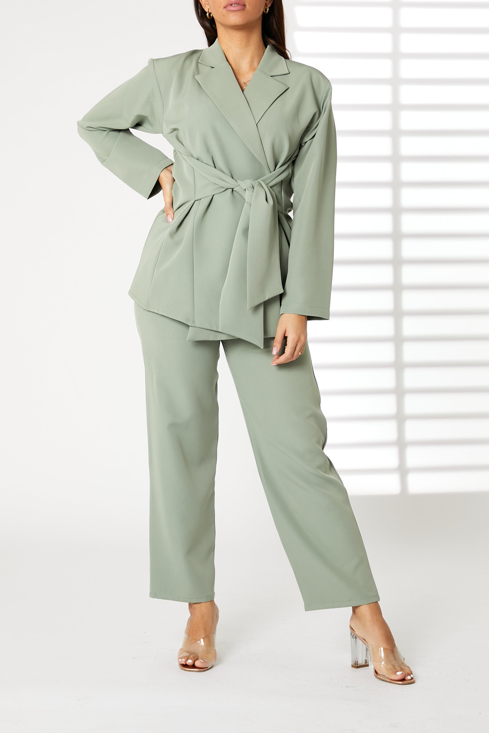 MOiSTREET Grey Barbie Crepe Fabric Blazer and Pants Set