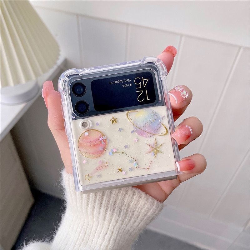 Phone Case For Samsung Zflip3 Fantasy Planets Pattern Folding Flap Protective Cover