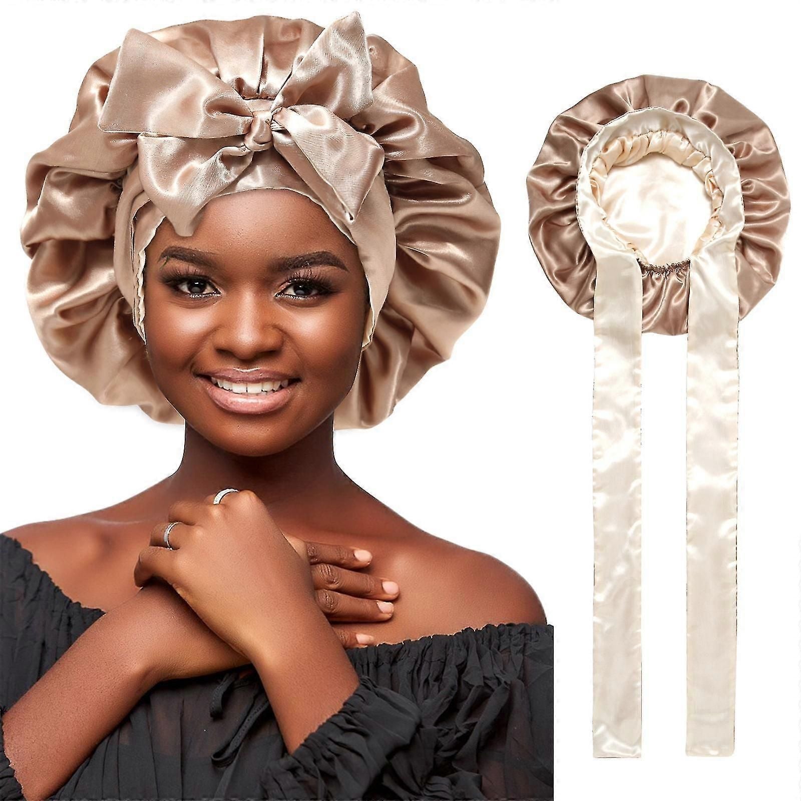 Double Layer Satin Bonnet Hair Wrap With Tie Band Night Cap For Women