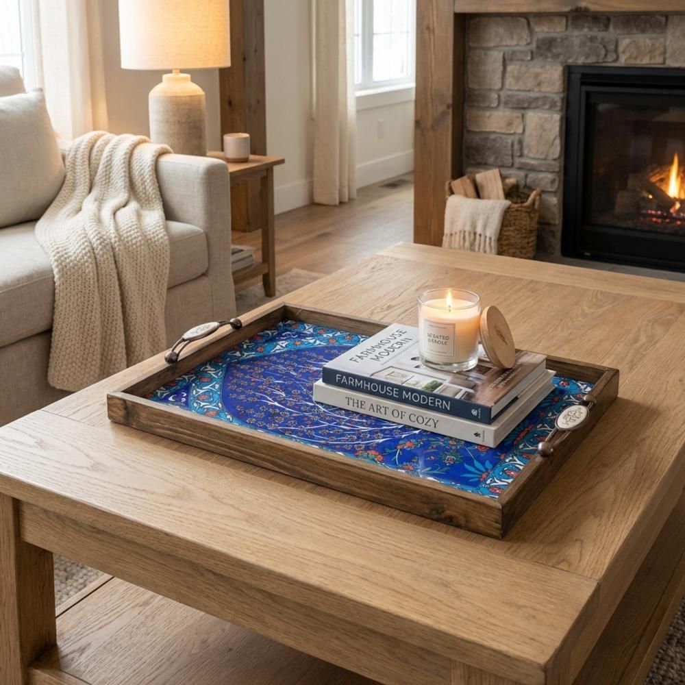 Blue Ceramic Tile Coffee Table Tray, Iznik Style Wooden Serving Tray