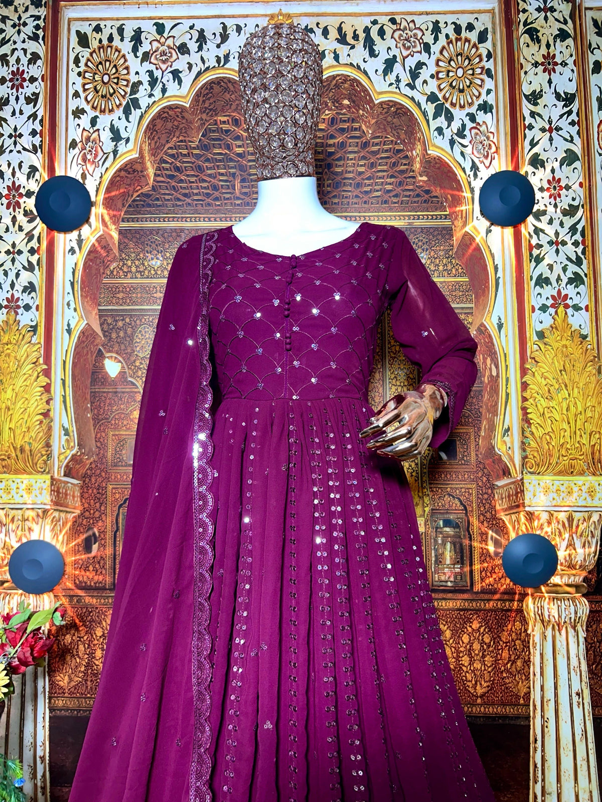 Fab Zone Fox Georgette Anarkali Gown with Silver Sequin Embroidery and Dupatta For Women