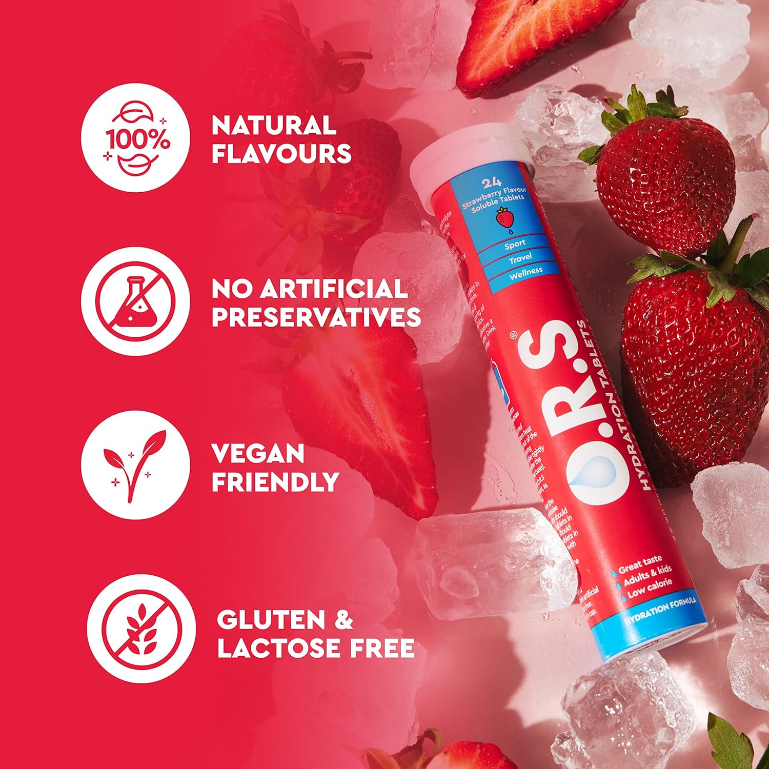 O.R.S Hydration Tablets With Electrolytes, Vegan, Gluten And Lactose Free Formula – Soluble Sports Hydration Tablets With Natural Strawberry Flavour, 72 Tablets (Pack Of 3 x 24)