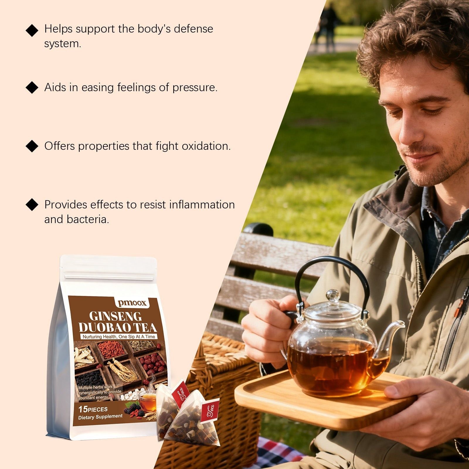 Premium Ginseng Herbal Tea for Body Care, Stress Relief, Antioxidant Boost ,15pieces