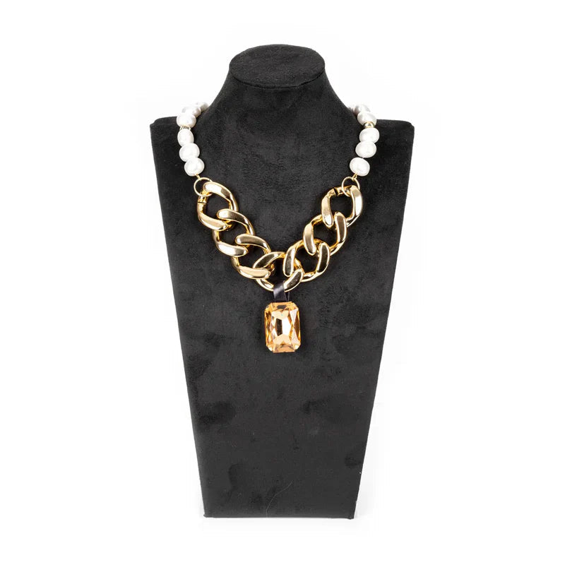 The Dark Gold Chain Necklace with Pearl Detail & Amber Crystal Pendant