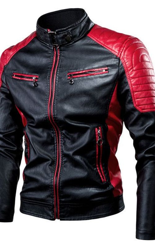 Men Motorcycle Leather Jacket Stand Collar Vintage Zipper Biker Coat Racer Outerwear