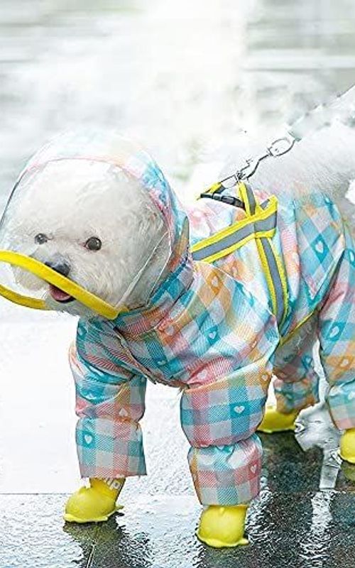 Dog Rain Coat Pet Rain Poncho With Reflective Tape Waterproof Jumpsuit Breathable Hoody