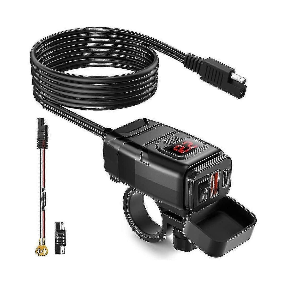 Motorcycle USB Charger with USB-C PD QC3.0 and Voltmeter