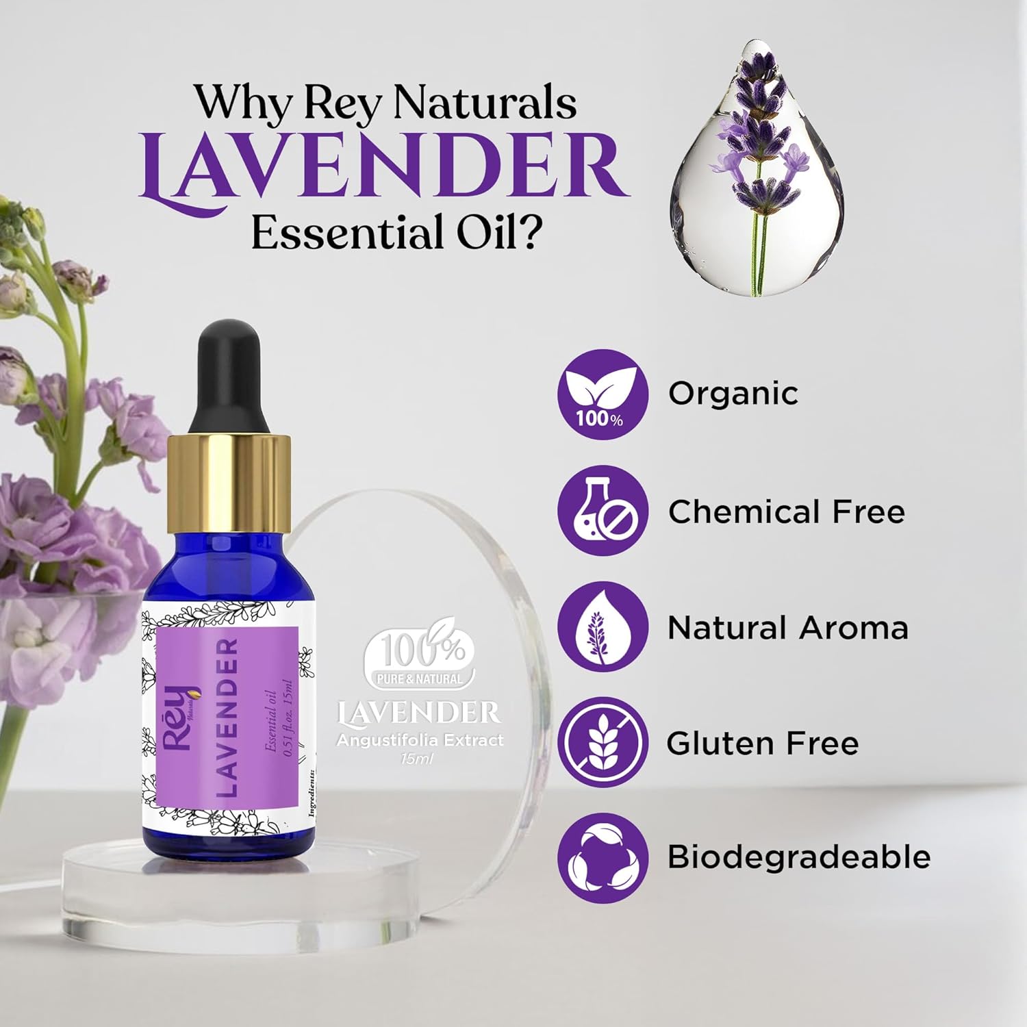 Rey Naturals Lavender Essential Oil pure 100 natural 15 ml