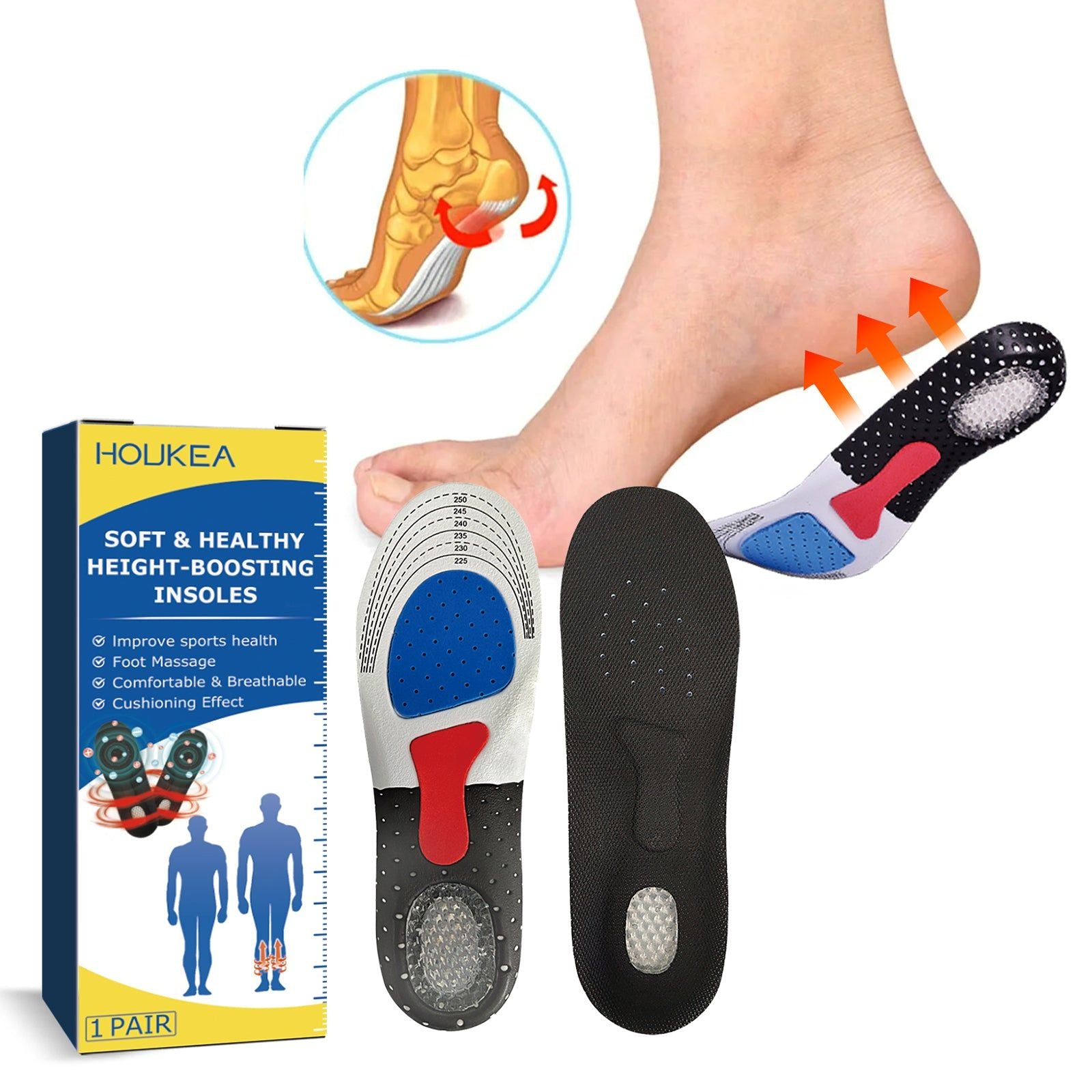 Boost Your Height and Foot Care with Soft Arch Support Insoles, Pain Relief ,1pair