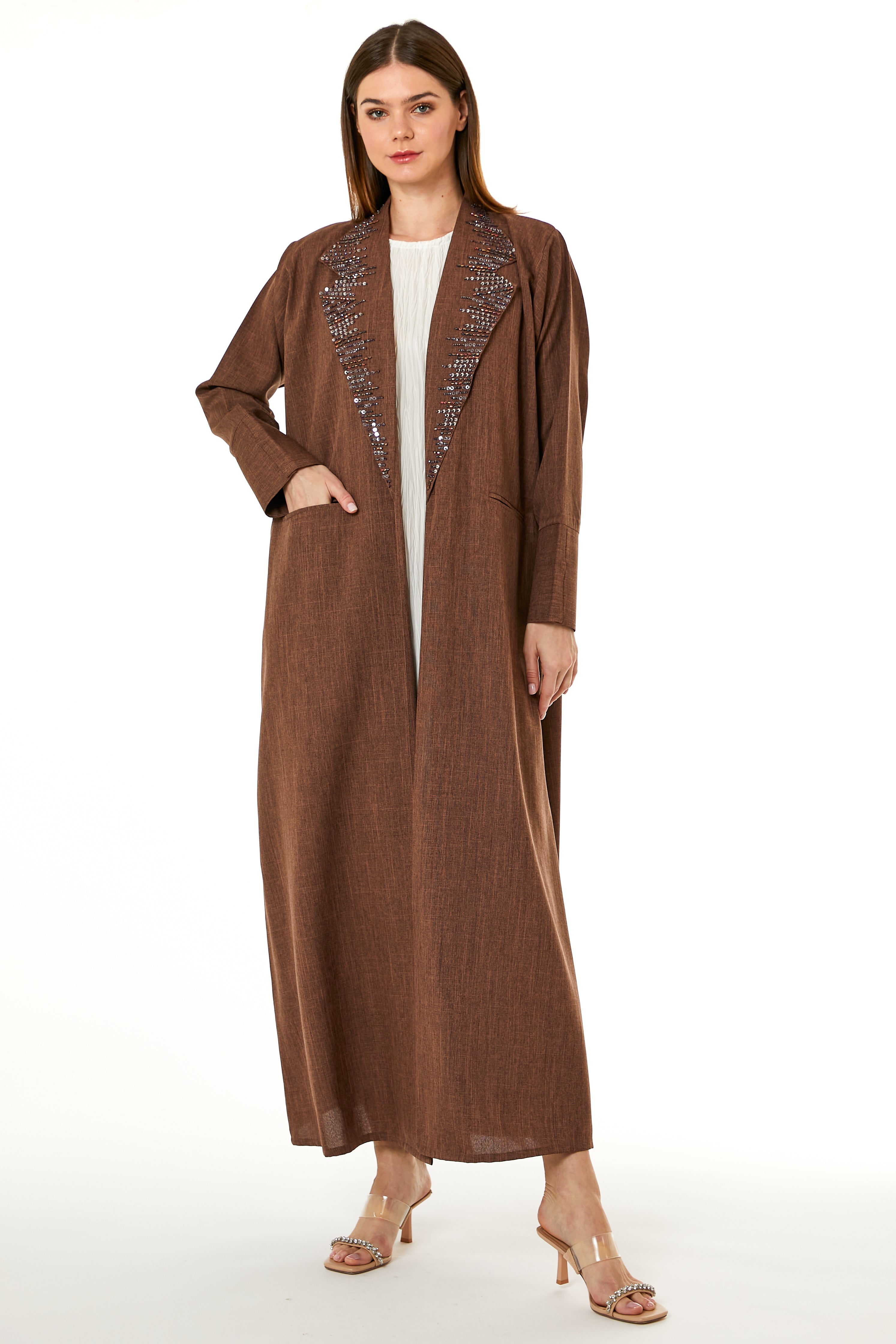 MOiSTREET Brown Melange Hand Embellished Abaya