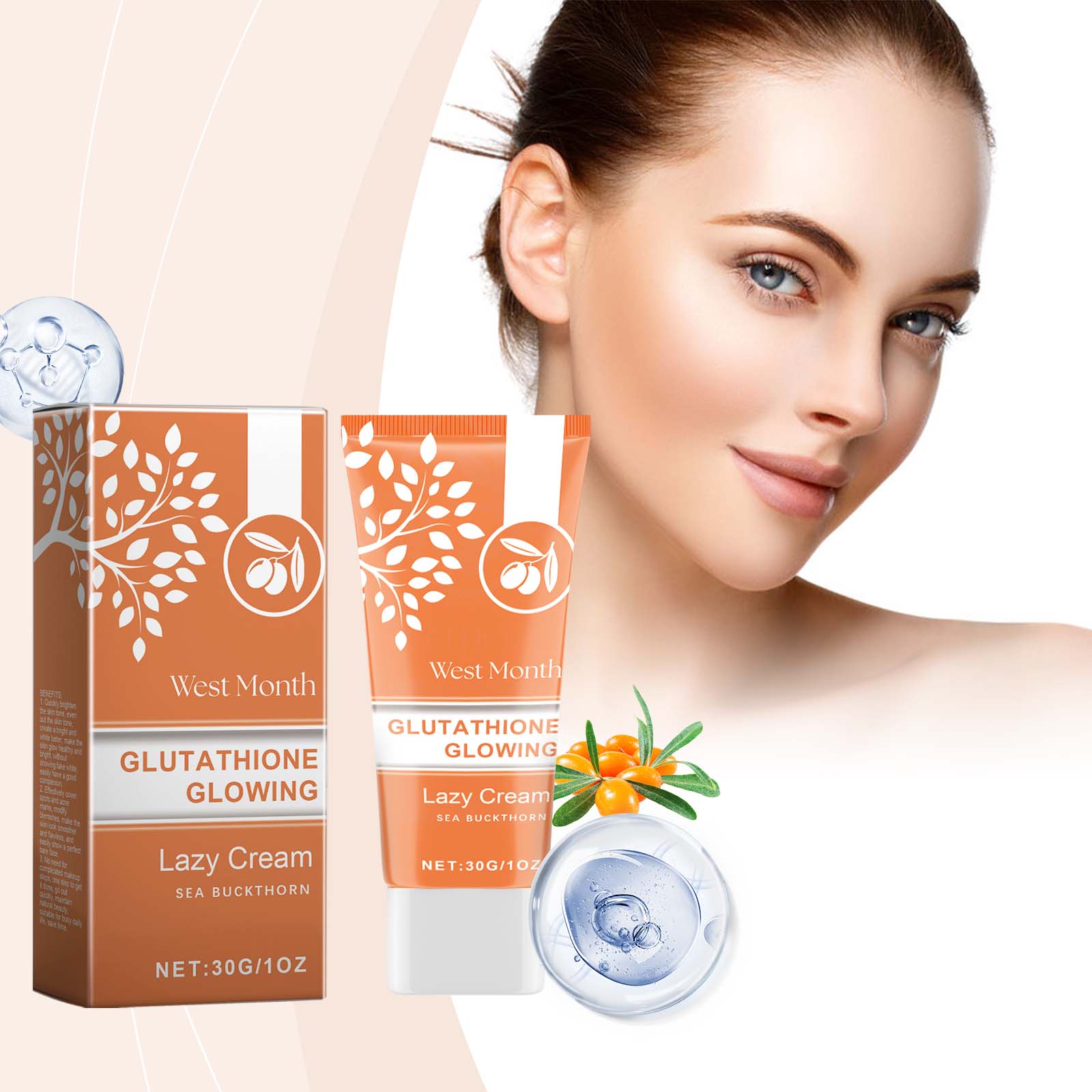 Natural Moisturizing Brightening Face Cream, Glutathione, Vitamin C, Sea Buckthorn ,30g