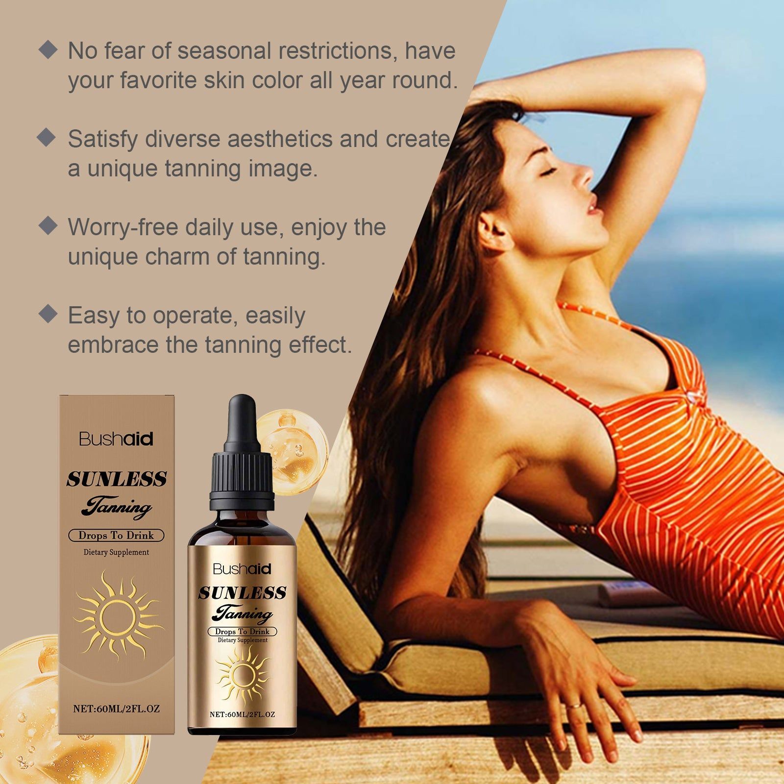 BushAid Tanning Lotion Drops, Body Care, Natural Sunless Tan, Moisturizing, Easy to Use ,60ml