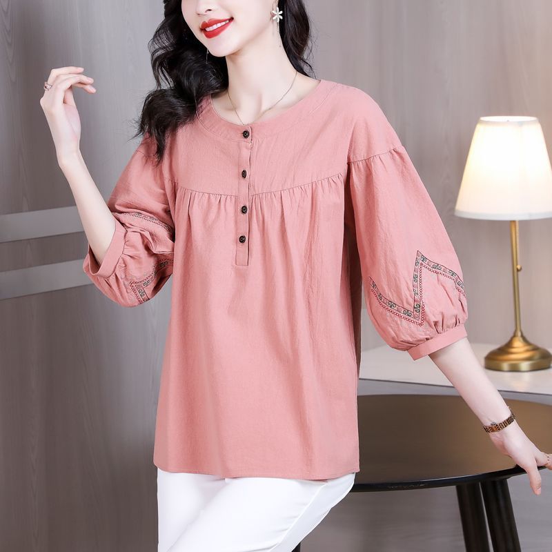 Cotton Linen Loose Fit Round Neck Short Sleeve Top For Women