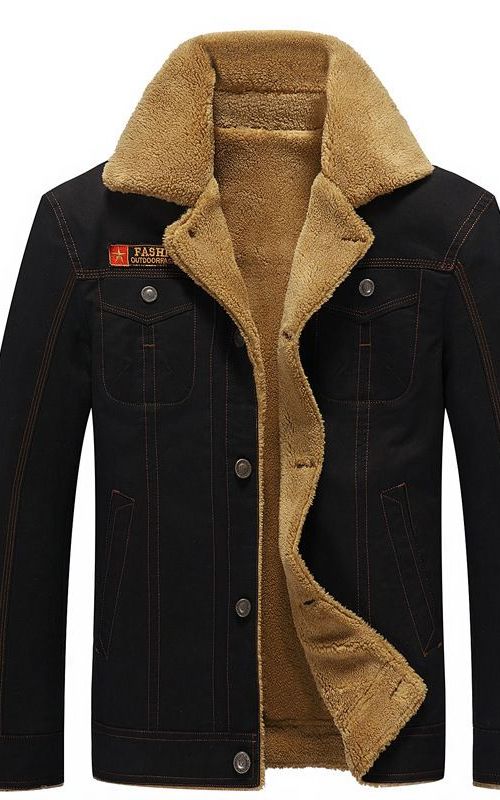 Men Winter Plus Velvet Coat Lapel Thick Workwear Jacket Warm Casual Outwear