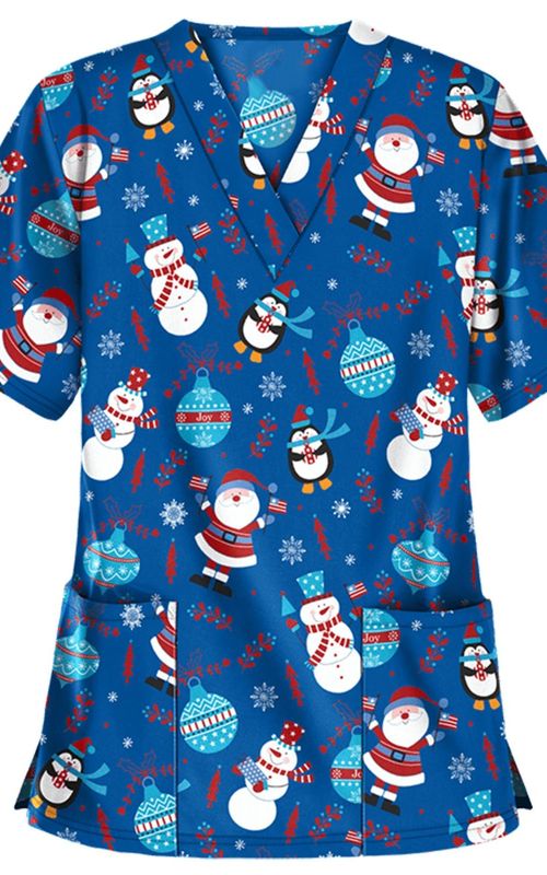 Christmas Nurse Uniform Women V neck Print T shirt Casual Short Sleeve Pocket Tops