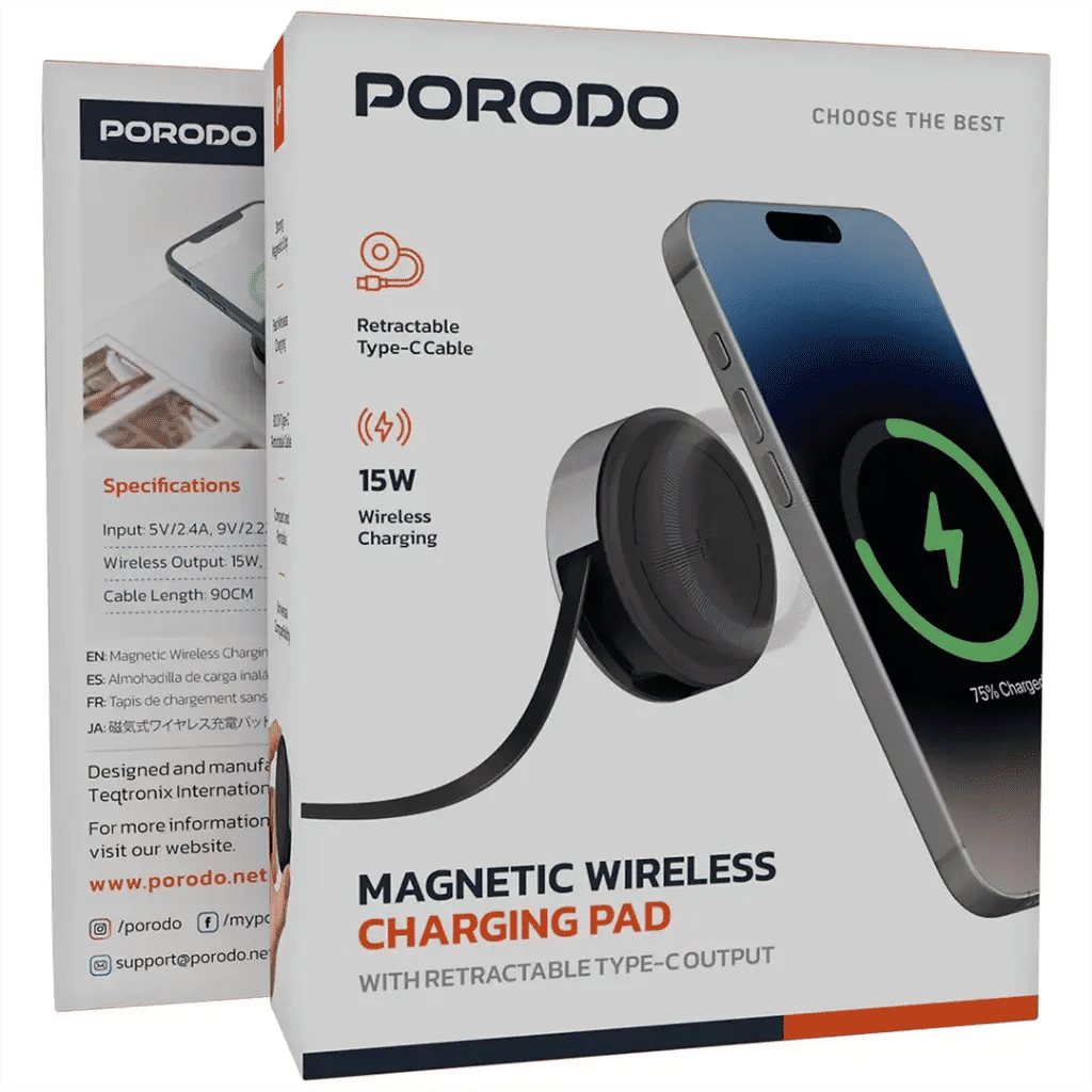 Porodo Magnetic Wireless Charging Pad with Retractable Type-C Output