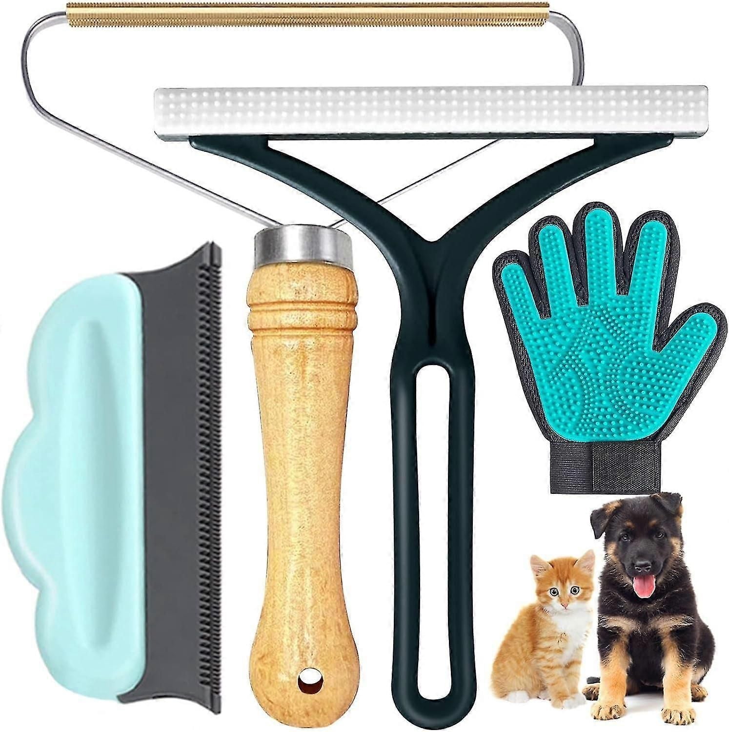 4-Piece Pet Hair Remover Kit with Wood Handle Brush & Silicone Gloves for Furniture Car Upholstery & Clothing
