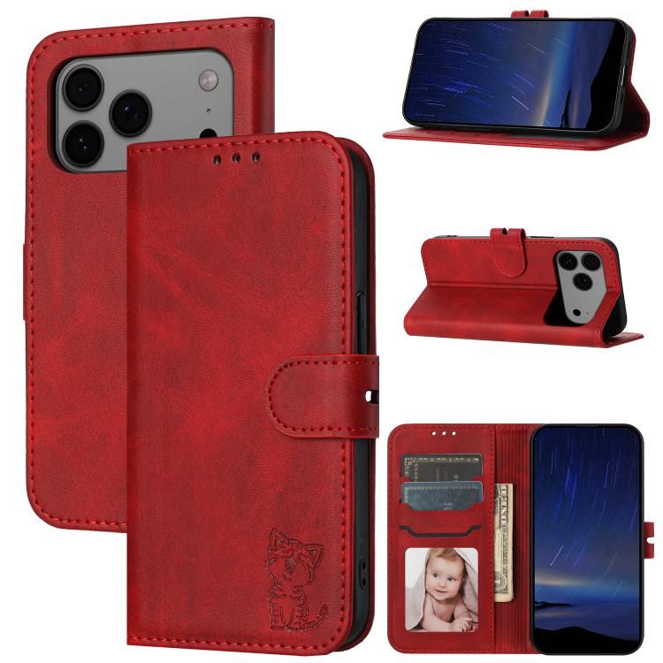 For iPhone 18 Pro Max / iPhone 17 Pro Max Embossed Happy Cat Pattern Flip Leather Phone Case