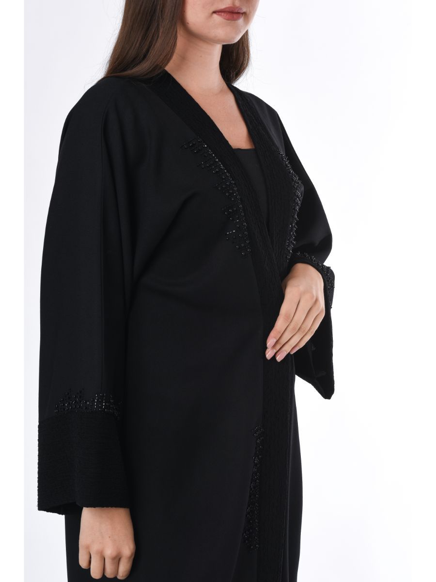 MOiSTREET Black Abaya with Velvet Panels and Hand Embroidery