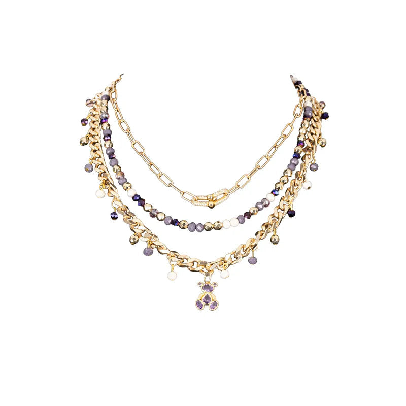 The Dark Layered Gold Chain Necklace with Purple Crystal Bear Charm