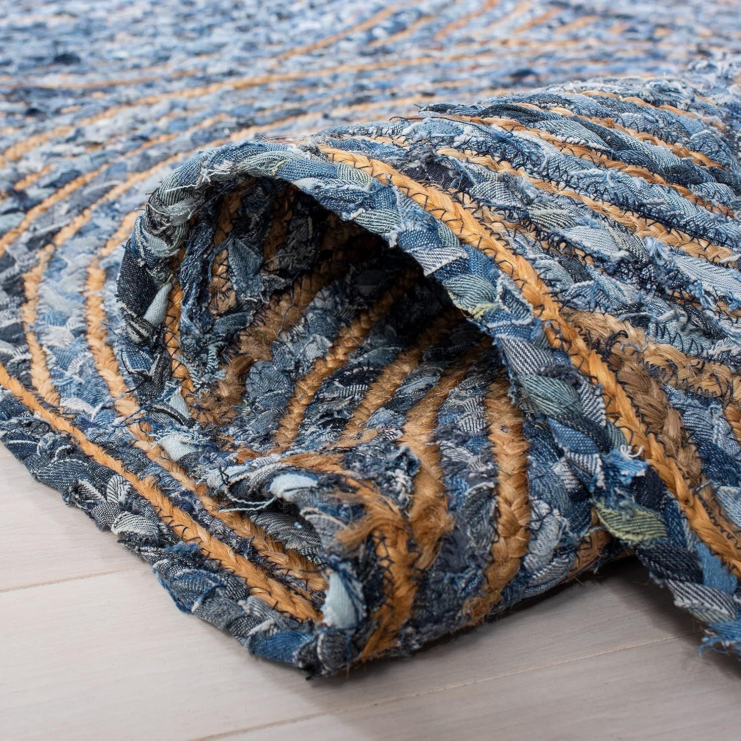 Blue Denim & Jute Round Rug with Spiral Pattern | Handmade Modern Boho Area Rug