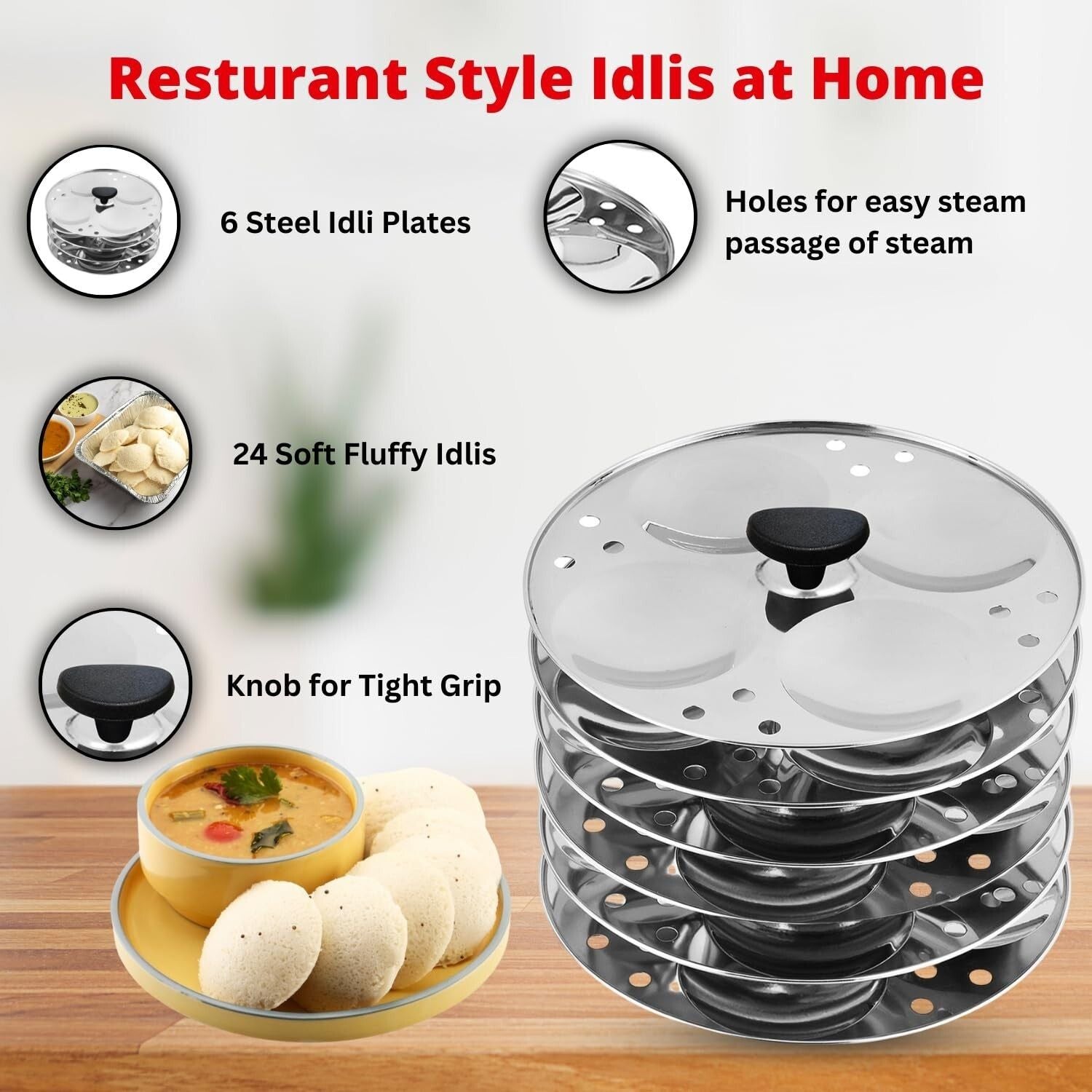 Stainless Steel 6 Idli Plates - 24 Idlis/Heavy Premium Deep Idli Plates