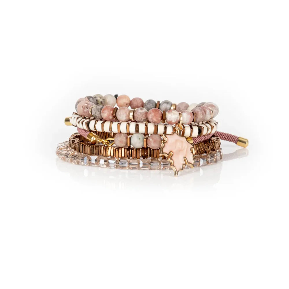 The Dark Blush Maple Charm Bracelet Stack Rose & Nude Beaded Set