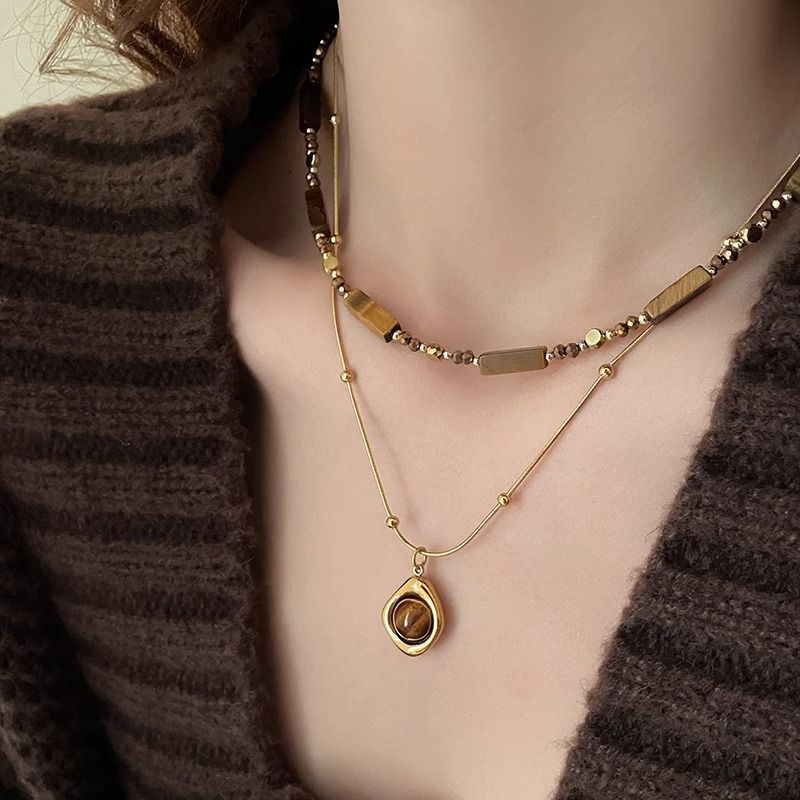 Double Layer Tiger Eye Butterfly Pendant Necklace for Women Adjustable Long Chain Layered Jewelry Gift
