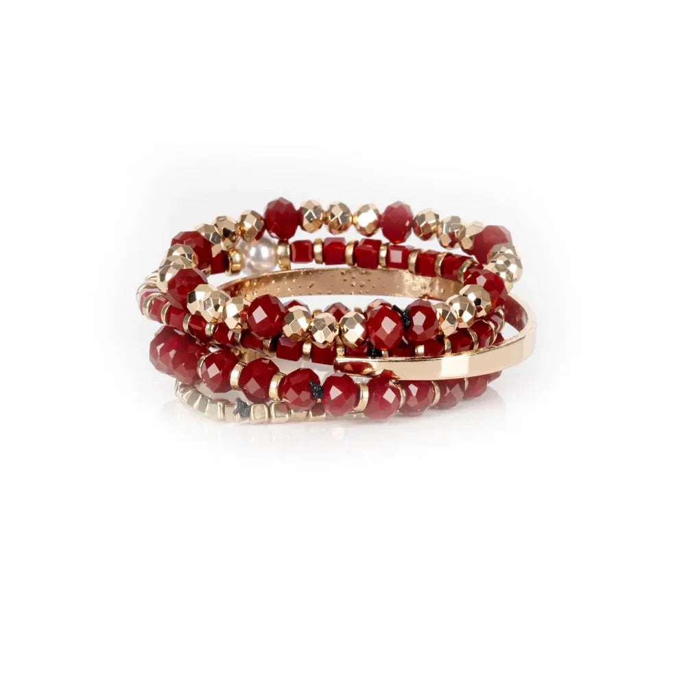 The Dark LOVE Red & Gold Beaded Bracelet Stack Pearl Charm Edition