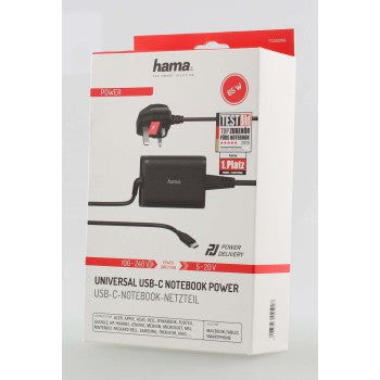 HAMA 73200006 Universal USB-C Notebook PSU, UK Cable, Power Delivery (PD), 5-20V/65W