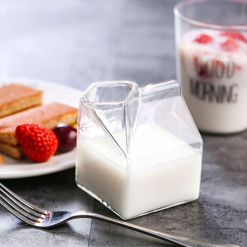 2-Pack Glass Milk Carton Clear Mini Creamer Container Pitcher Coffee Cup Juice Bottle