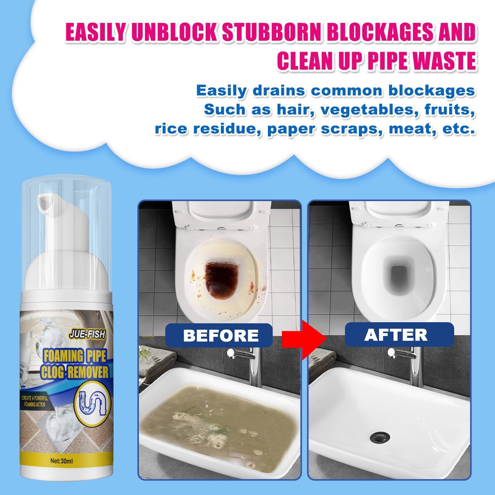 Effective Foam Remover for Household Plumbing, Clog & Odor Eliminator, Easy to Use ,30ml
