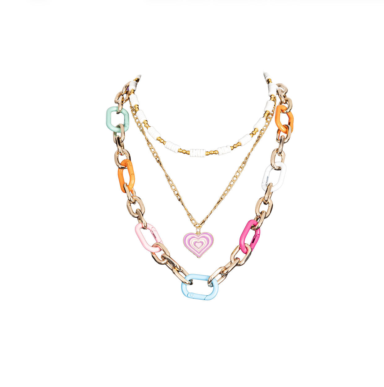 The Dark Pastel Chain Heart Necklace Layered Gold & Enamel Link Statement Necklace