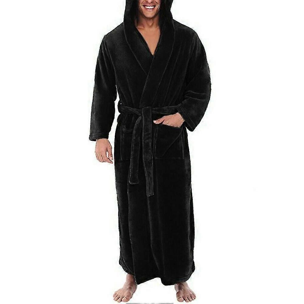 Men Soft Coral Fleece Solid Color Pockets Long Bath Robe Home Gown Sleepwear zxin