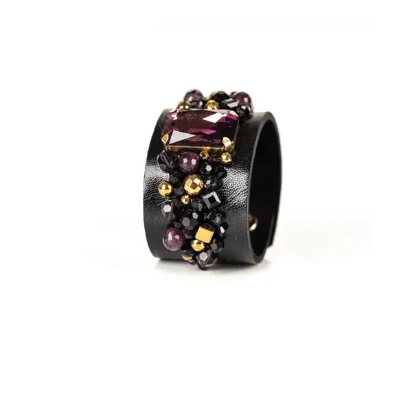 The Dark Black Leather Crystal Cuff Bracelet with Purple Gemstone and Beaded Embellishment Handmade Statement Bracelet