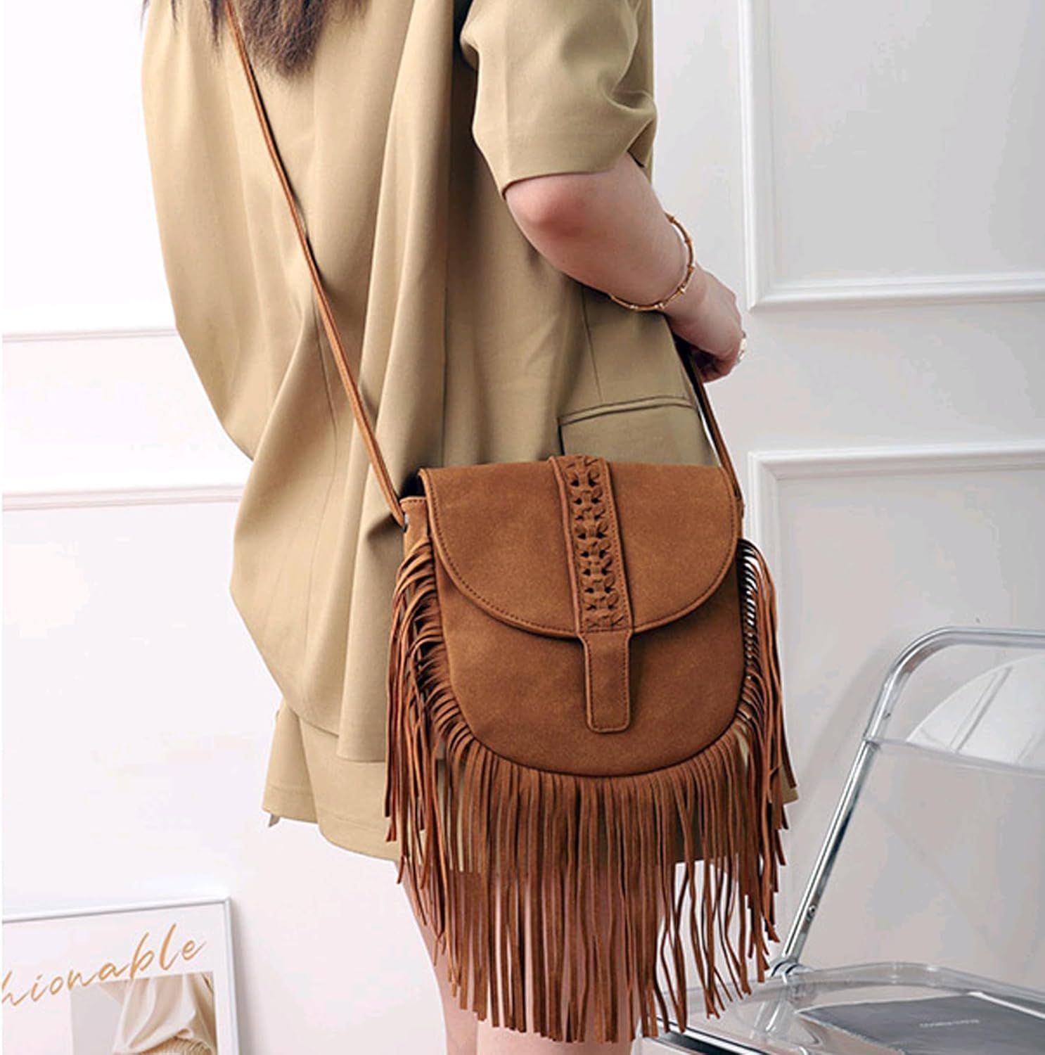 Women Faux Suede Leather Hobo Crossbody Bag Vintage Fringe Tassel Shoulder Bag