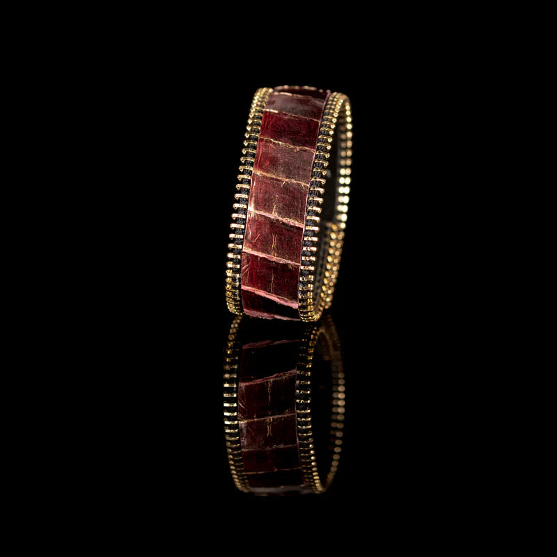 The Dark Burgundy Crocodile Leather Cuff with Gold Zipper Edges
