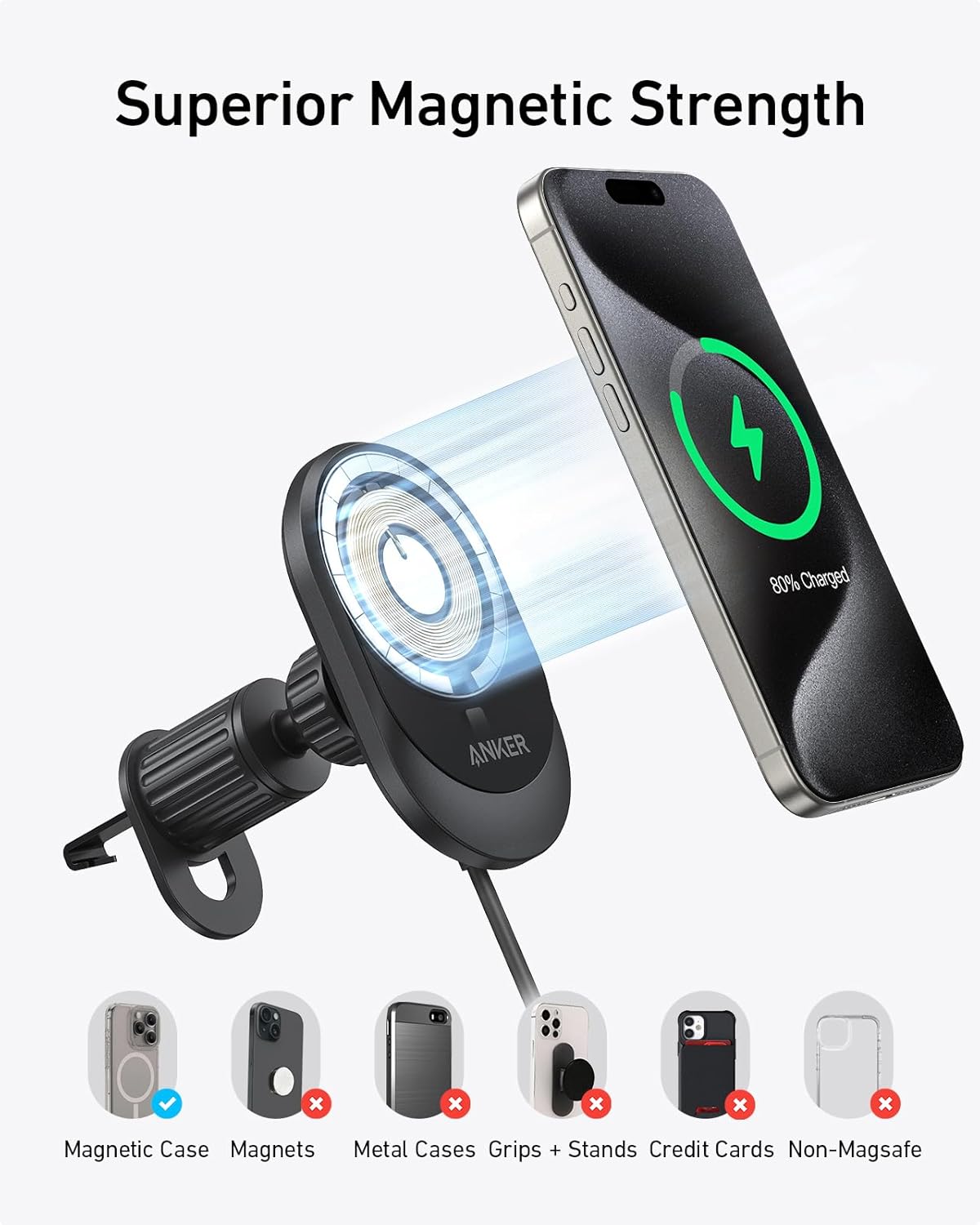 Anker MagGo Wireless Car Mount Charger with 25W Car Adapter, Black