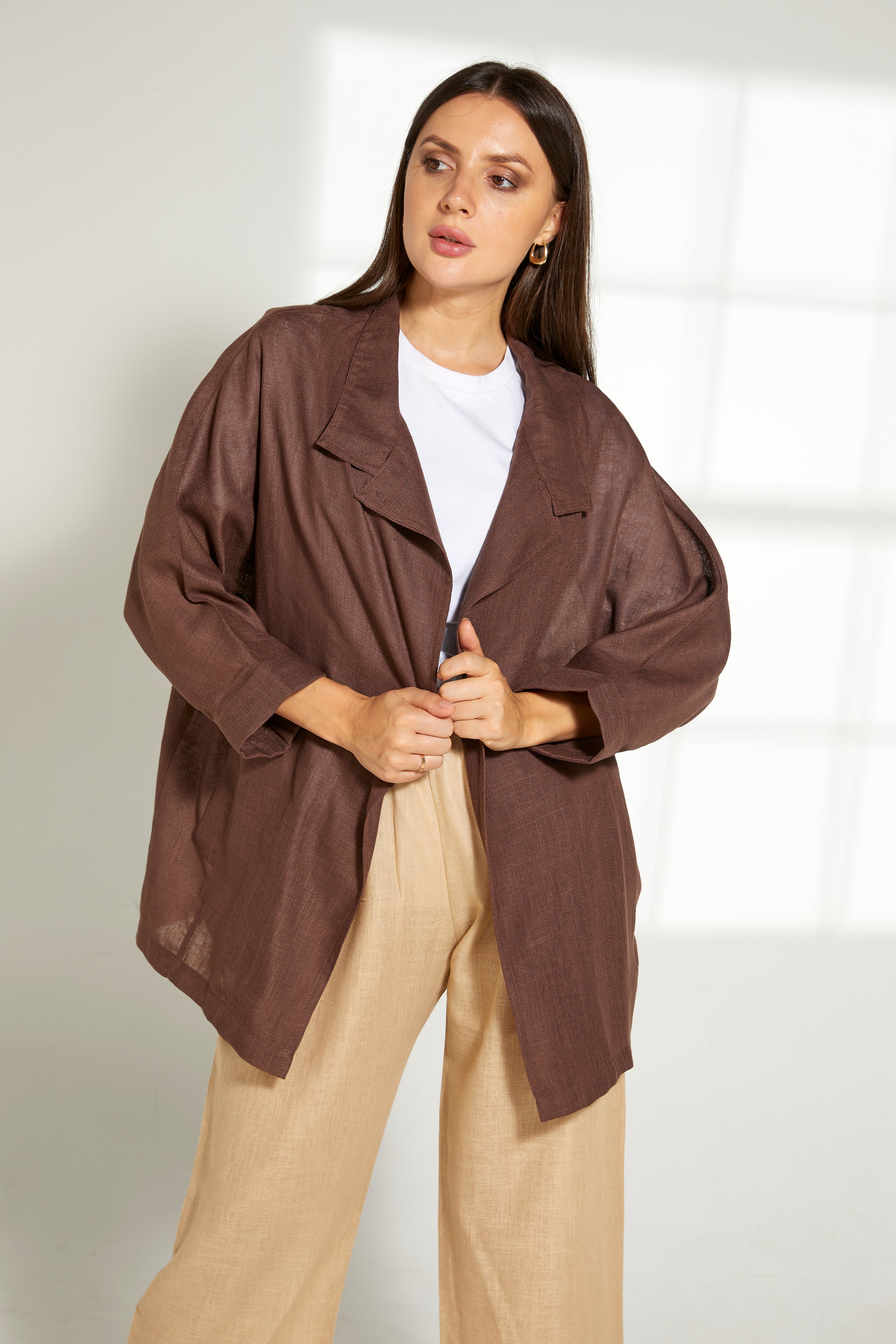 MOiSTREET Brown  Linen Top and Beige Pants Set