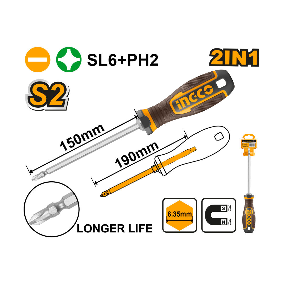 INGCO 2-In-1 Screwdriver, Shank 6.35X192 Mm 150 Mm S2,  Interchangeable Handle