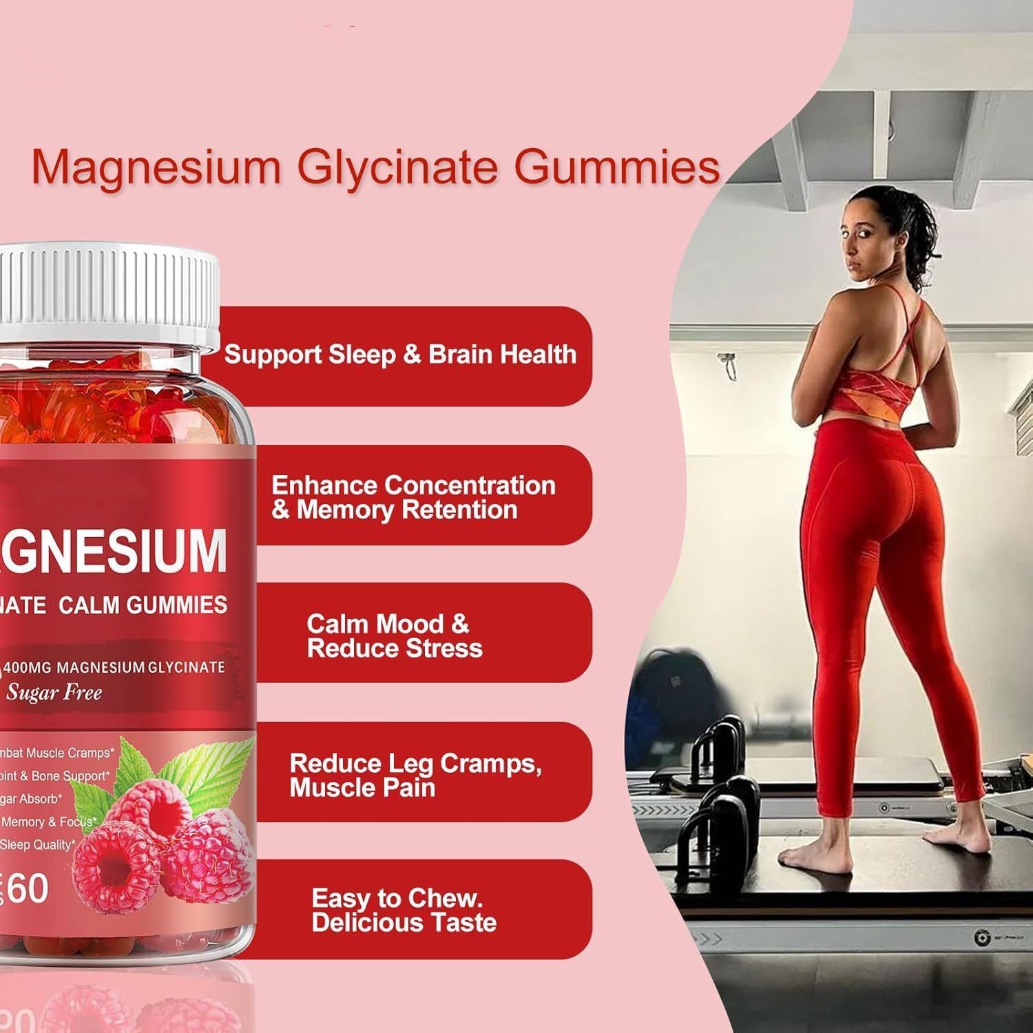 Sugar Free Magnesium Glycinate Calm Gummies, Raspberry Flavor Daily Mineral Dietary Supplement 60 Count